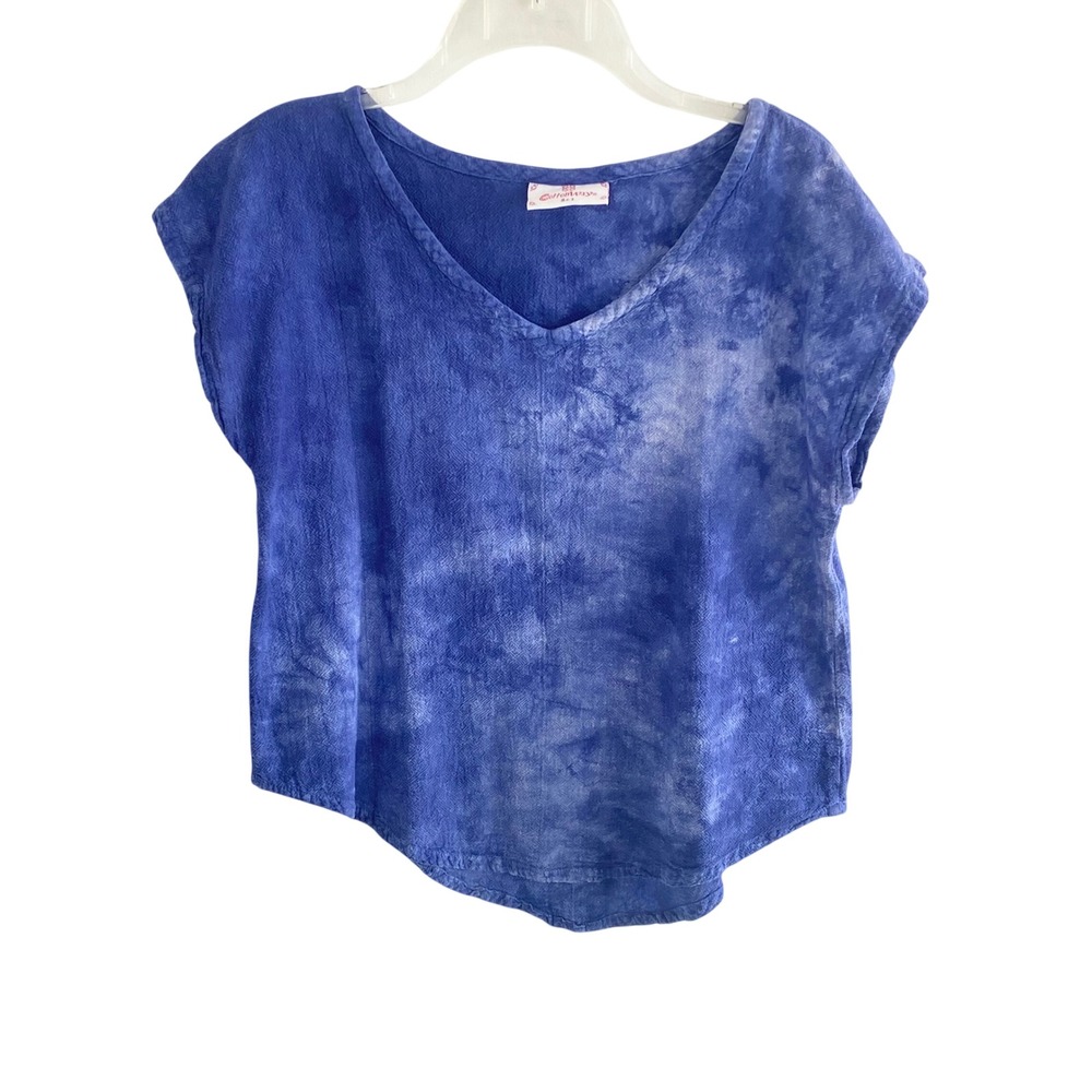 CottonWays Blue Tie Dye Gauze V-Neck Cap Sleeve Top Size 1 Boho Casual